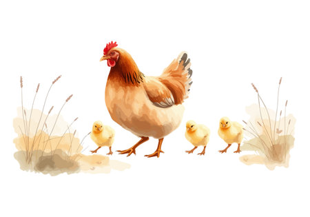 Watercolor vector illustration a hen with chickens. AI generated.の素材