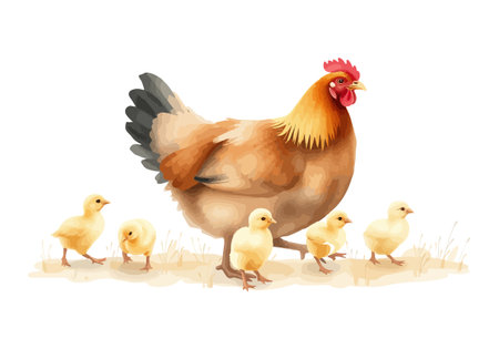 Watercolor vector illustration a hen with chickens. AI generated.の素材