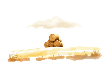 Watercolor vector illustration a haystack in a field. AI generated.の素材