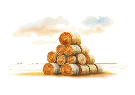 Watercolor vector illustration a haystack in a field. AI generated.の素材
