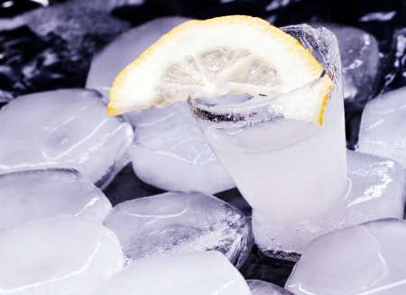 Vodka with lemon poured in a glass made of iceの写真素材