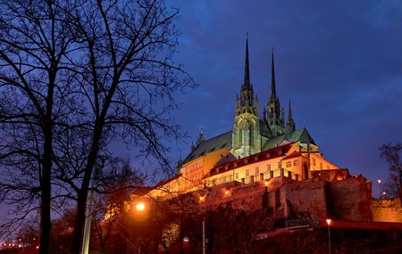 Night view on The gothic Cathedral of Saints Peter and Paul and city walls on the Petrov hill in the centre of the old town. The city Brno in the Czech Republic.の写真素材