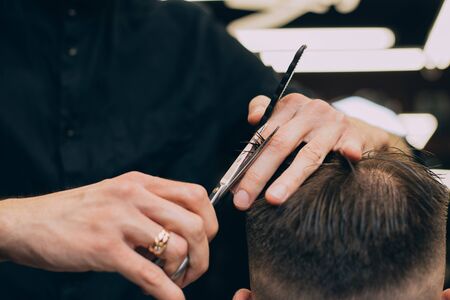 straight razor, brush for shaving beard along with bowl, blurred background of hair salon for men, barber shop.の写真素材