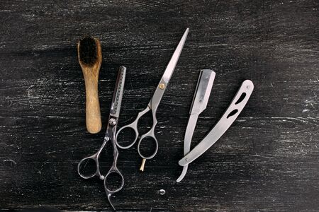 Tools for cutting beard barbershop top view.