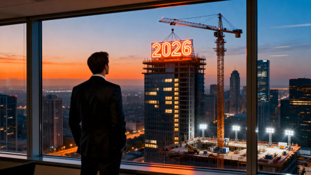 A man in a business suit stands with his back to the camera, gazing out the top-floor office window. Outside, a construction site and glowing numbers â2026â shine atop a rising buildingの素材
