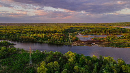 wildlife landscape in a forest area aerial photos. forest river.の写真素材