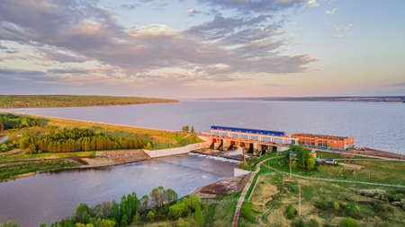aerial view of the dam on the reservoir. High quality photoの写真素材