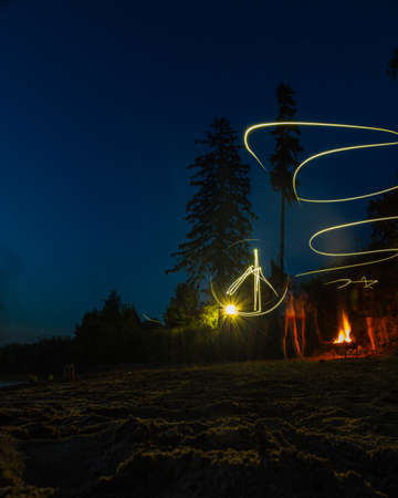 peace sign at night with a flashlightの写真素材