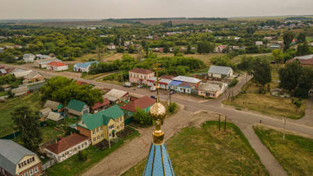 church in the Russian village of Poim. aerial photography