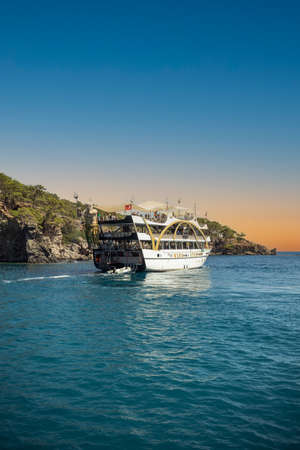 a boat on the horizon of the Mediterranean sea.の写真素材