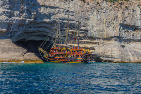 a boat on the horizon of the Mediterranean sea.の写真素材