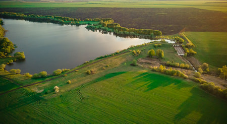 lake and green spring fields.の写真素材