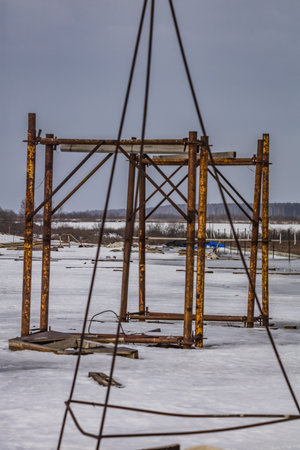 construction of a reinforced concrete bridge in winter.の写真素材