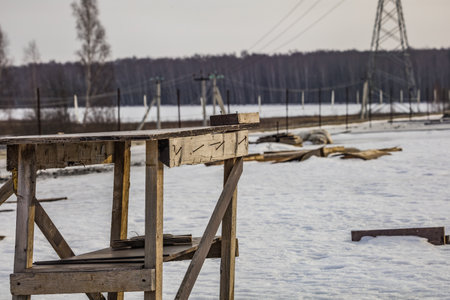 construction of a reinforced concrete bridge in winter.の写真素材