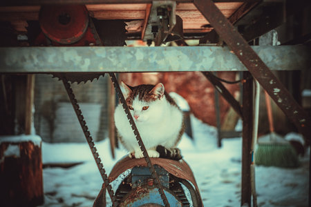 A street cat sits on a motor.