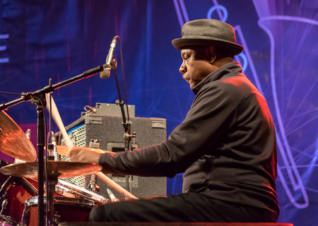 NIS, SERBIA - AUGUST 11: Jazz drummer Lenny White performing live with Buster Williams and Cyrus Chestnut as a trio at Nisville Jazz Festival August 11, 2016 in Nis, Serbiaのeditorial素材