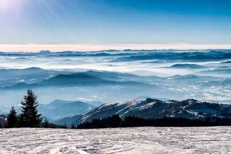 Haze and panoramic view of a mountain rangeの写真素材