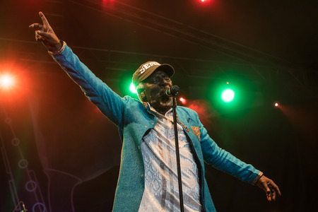 NIS, SERBIA-AUGUST 11, 2017: Alpha Blondy and Solar System famous reggae singer and songwriter performing live at Nisville Jazz Festival, August 11, 2017 in Nis, Serbiaのeditorial素材
