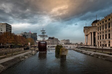SKOPJE, MACEDONIA - DECEMBER 9 2017 - Ship Restaurant and surrounding buildings, late afternoon with sunsetのeditorial素材