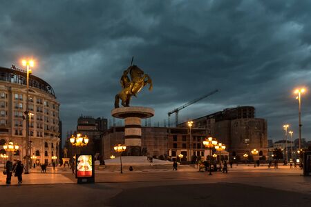 SKOPJE, MACEDONIA - DECEMBER 9 2017 - City Center and Alexander the Great Monument, night sceneのeditorial素材