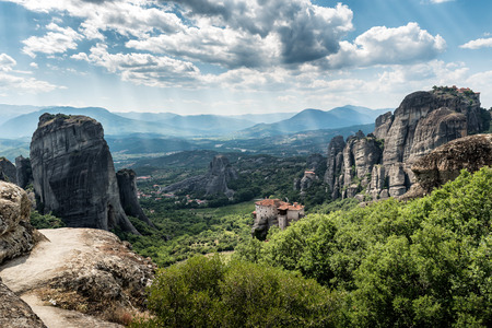 Meteors or Meteora with Orthodox Monasteries, panoramic view from the plateau to the valley of Thessalyの写真素材