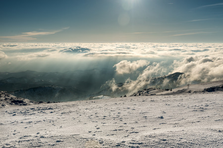 Landscape panorama of snowy mountains at Kopaonik, Serbiaの写真素材