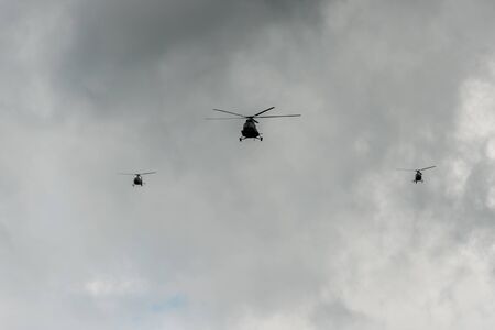 NIS, SERBIA - May 10, 2019: Air Parade Meeting in Nis, Serbia - Helicopters Flying in formation of threeのeditorial素材
