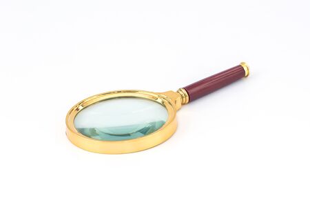 Maroon handle and golden rim Magnifying glass on a white backgroundの写真素材