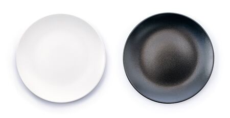 White and Black empty plates collection isolated on white background top viewの写真素材