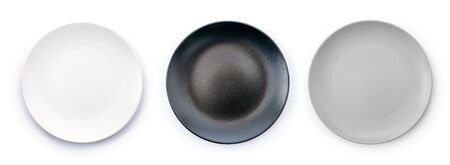 White, Black and Gray empty plates collection isolated on white background top viewの写真素材