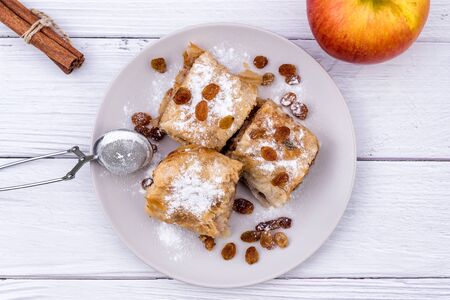 Slices of homemade Apple pie strudel in a plate with ingredients on a rustic white wooden table. Pie with apples, raisins and cinnamon, sweet pastries - Top Viewの写真素材