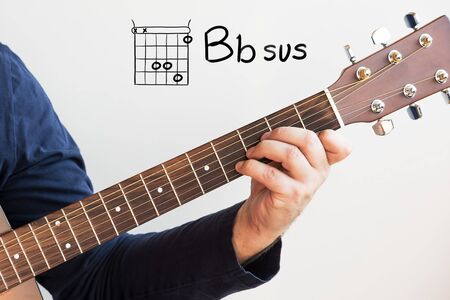Learn Guitar - Man in a dark blue shirt playing guitar chords displayed on whiteboard, Chord B flat susの写真素材