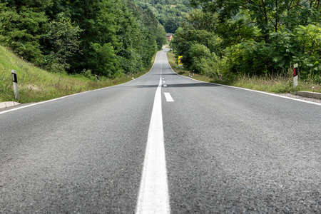 Summer country road with trees beside. Rural environment road. Nature road. Asphalt road.