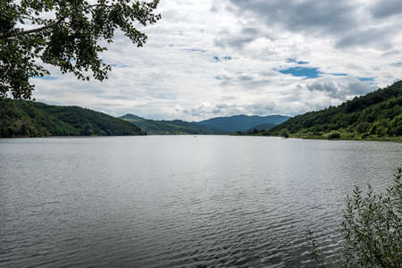 Calm morning on peaceful lake Celije in Serbiaの写真素材