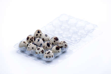Quail eggs in plastic container. Healthy nutrition, food photography. Happy easter. Organic products. Raw quail eggsの写真素材