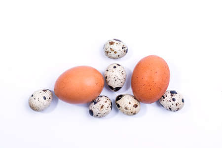 Raw chicken eggs and small quail eggs on white background close-up. Chicken and quail eggs rustic...