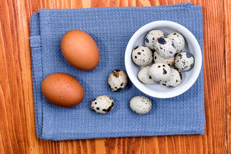 Raw chicken eggs and small quail eggs on blue kitchen cloth. Chicken and quail eggs rustic background.の写真素材