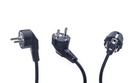 Various positions of black electric plug outlet on white background