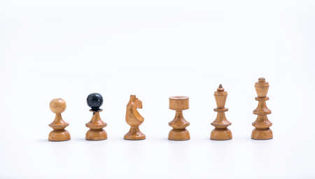 Old Chess Set - All Six white chess pieces on a white background with copy spaceの写真素材