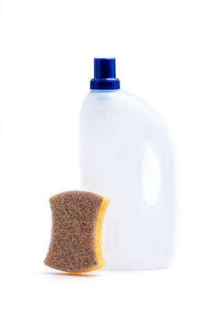 White Detergent plastic bottle with chemical and cleaning sponge on white backgroundの写真素材