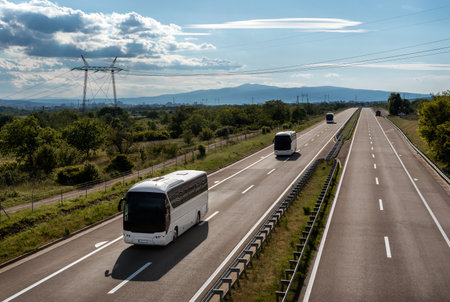 Three White Modern comfortable tourist buses in line driving through highway at bright sunny day. Travel and coach tourism concept. Trip and journey by vehicleの写真素材
