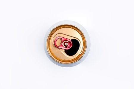 Metal tin can on white background, top view