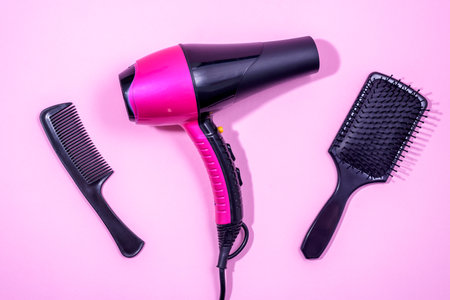 Hair dryer, Comb and hair brush on a pink background. Professional hairdresser set. Tools necessary for hair care.の写真素材