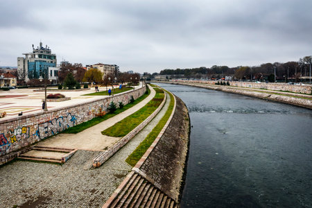 Nis, Serbia - December 13, 2020: Nis with banks of Nisava river on a cloudy December day. Nis is the third largest city of Serbia, Europeのeditorial素材