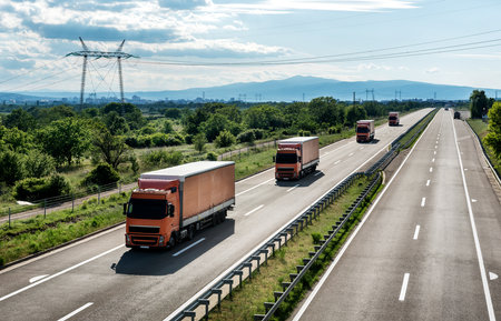 Highway transportation scene with Caravan or Convoy of Orange transportation trucks in line on a rural highway under a dramatic skyの写真素材