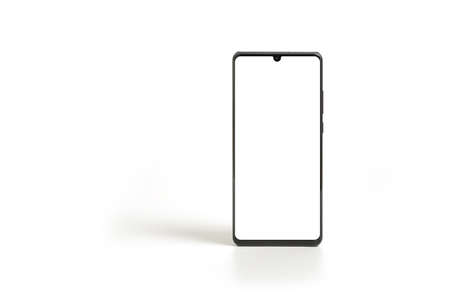 Black modern smartphone mockup. Mobile smart phone technology front blank screen studio shot isolated on over white backgroundの写真素材