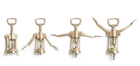 Set of four levels of shiny Stainless steel wine bottle openers on a white backgroundの写真素材