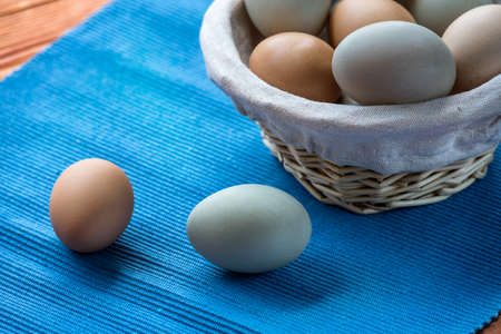Fresh Chicken and duck eggs collect from farm products natural in a wicker basket healthy eating...