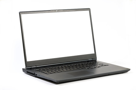 Large open Laptop  isolated on white background - Side view with clipping paths for Laptop and Screenの写真素材