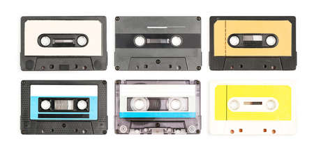 Six different Old Vintage Audio cassette tapes on a white backgroundの写真素材